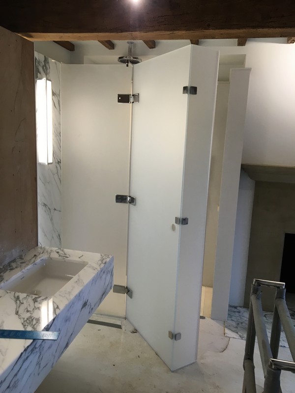 Bespoke frosted glass shower enclosure in Shoreditch luxury bathroom